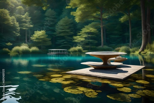 Three-dimensional interpretation of a lakeside scene in Vermont  with a meticulously crafted submerged seat  capturing the essence of summer  the intricate details reflecting the play of light on the 