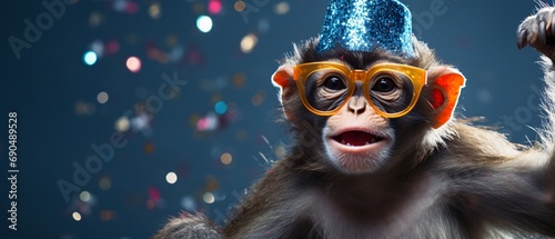 Happy Birthday, carnival, New Year's eve, sylvester or other festive celebration, funny animals card - Chimpanzee monkey with party hat and sunglasses on blue background with confetti photo