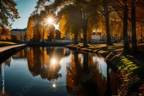 Gothenburg city canal and park captured during the golden hour of autumn, with warm sunlight casting long shadows on the architecture and reflecting in the water