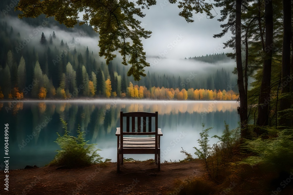 An evocative stock photo featuring an empty chair positioned by a mist-covered lake, surrounded by a serene forest, capturing the essence of solitude and contemplation