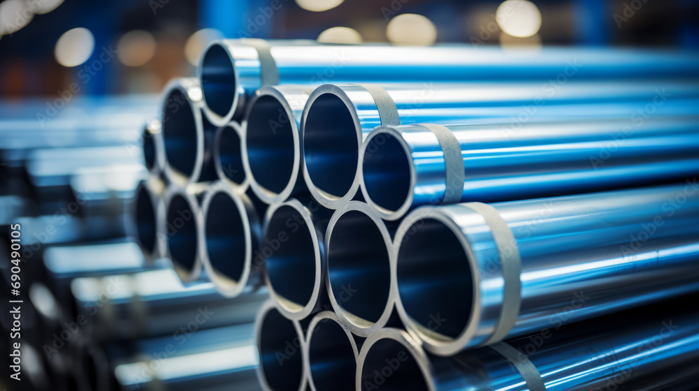 Stack of stainless steel pipes background , metallurgical industry backdrop concept image - obrazy, fototapety, plakaty 