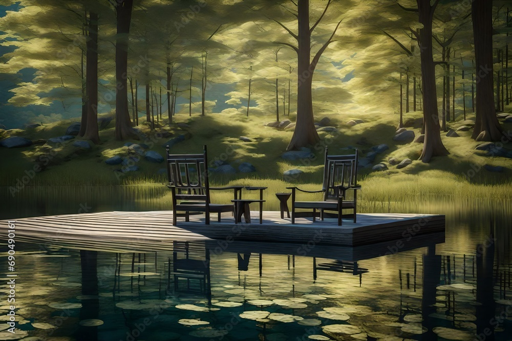 Three-dimensional interpretation of a lakeside scene in Vermont, with a meticulously crafted submerged seat, capturing the essence of summer, the intricate details reflecting the play of light on the 