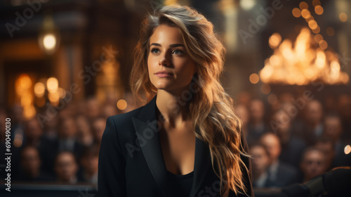 Portrait of a female executive leading a business seminar or a professional gathering event , the woman confidence and mastery engaging her audience
