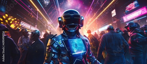 Space-suited partygoer dances robotically amongst neon-lit crowd. photo