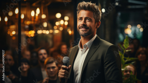 Portrait of a male executive leading a business seminar or a professional gathering social event , the man confidence and mastery engaging his audience with a speech speaking with a microphone