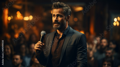 Portrait of a male executive leading a business seminar or a professional gathering social event , the man confidence and mastery engaging his audience with a speech speaking with a microphone