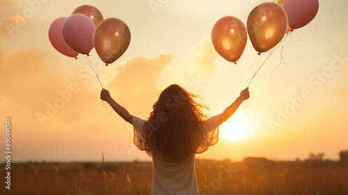 Back silhouette view of an happy young woman releasing balloons in the sky at sunset in summer background with copy space photo