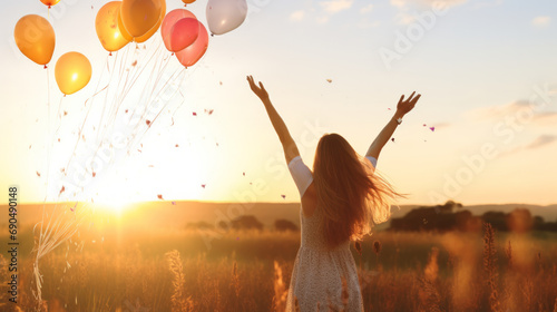 Fototapeta Naklejka Na Ścianę i Meble -  Back silhouette view of an happy young woman releasing balloons in the sky at sunset in summer background with copy space