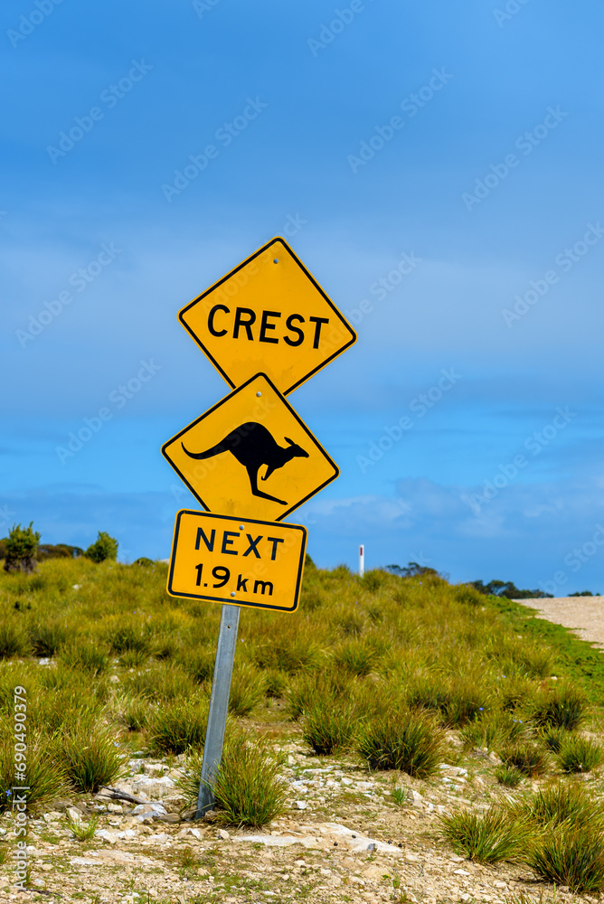 Kangaroos crossing roadsign, Kangaroo Island Kangaroos crossing roadsign, Kangaroo Island