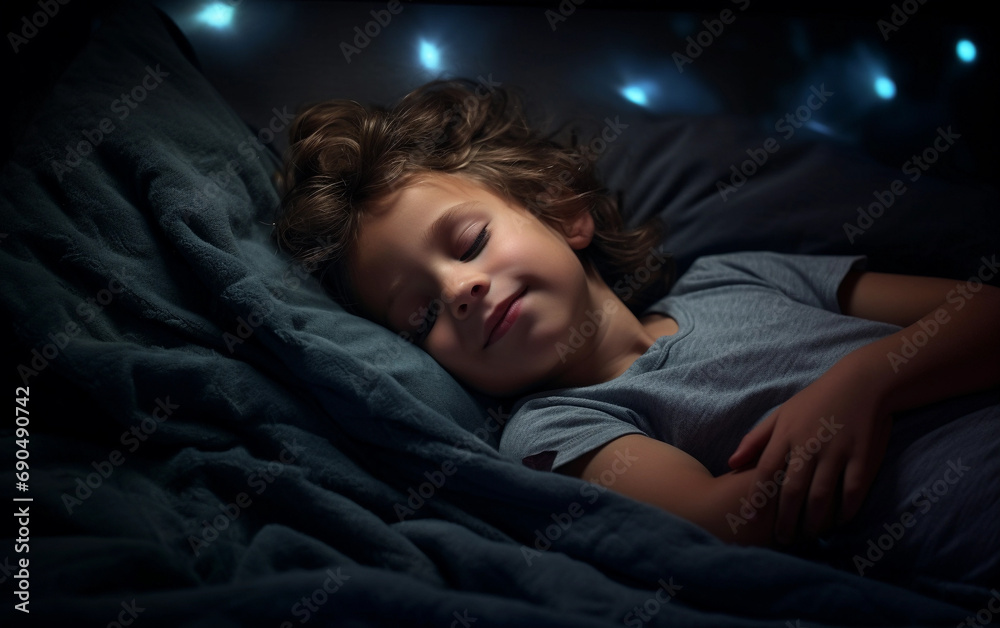 Smiling child slepping in a bed in a dark bedroom at night Smiling child slepping in a bed in a dark bedroom at night