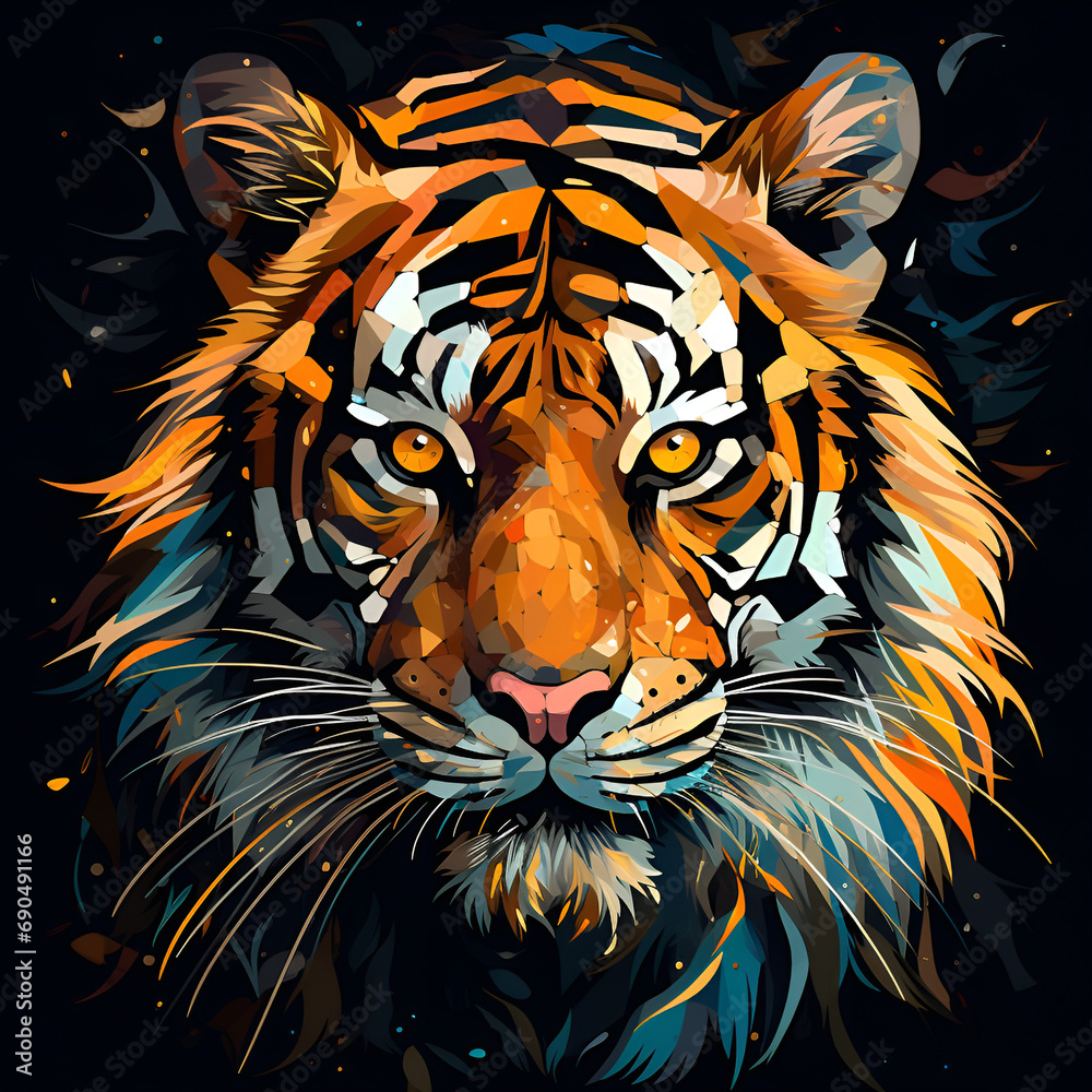 Tiger head illustration isolated background, tiger logo, tiger head vector, Abstract Tiger, A Multicolored Fantasy Tiger in Abstract Reverie
