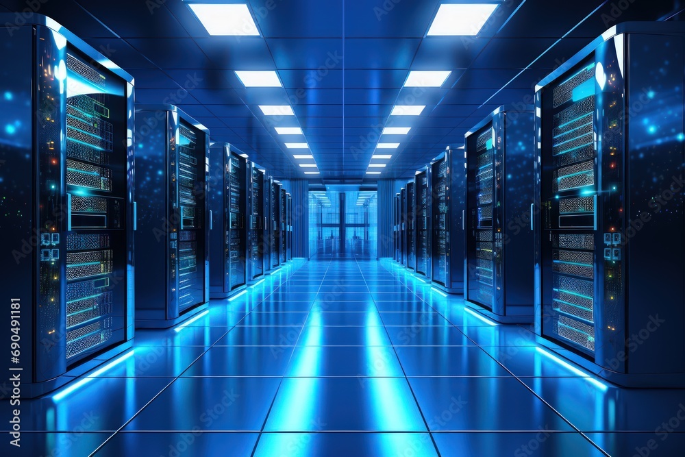 Fototapeta premium Data center. Server racks in server room data center. A modern data center featuring multiple servers, each equipped with glowing LED lights.