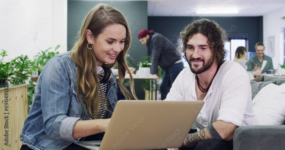 Man, woman and discussion with laptop in office, happy and teamwork with technology for online research. People, networking and collaboration by couch, creative and presentation with small business Man, woman and discussion with laptop in office, happy and teamwork with technology for online research. People, networking and collaboration by couch, creative and presentation with small business