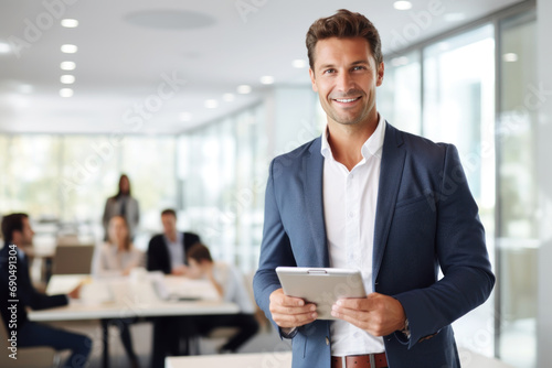 Businessman holding laptop, and people meeting in background