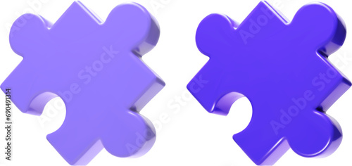 Purple puzzle parts or Jigsaw pieces set. Matching isometric objects as community or business strategy elements to connect together.