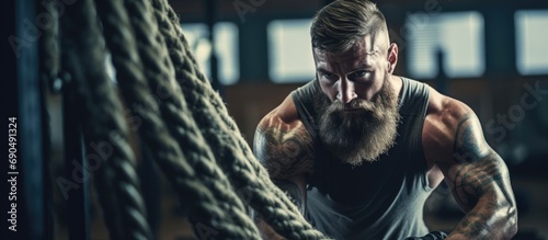 Male crossfit athlete doing functional training with battle ropes at gym.
