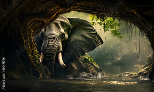 Elephants at the stream in the beautiful green forest.