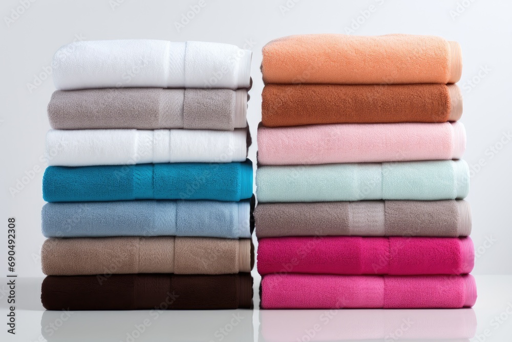 A large set of colorful towels on a light background. A large set of colorful towels on a light background.