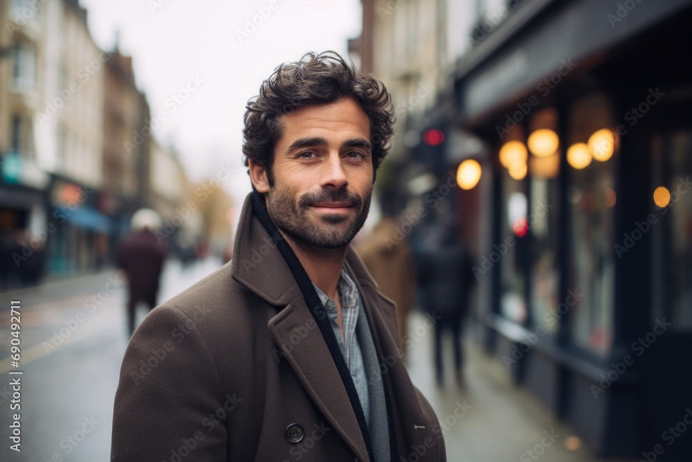 Portrait of a handsome man with curly hair wearing a coat in the city Portrait of a handsome man with curly hair wearing a coat in the city