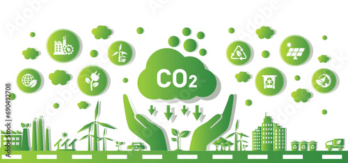 The concept of reduce co2 emission using clean energy and reduce climate change problem with flat icon vector illustration. Green environment templet infographic design for web banner.