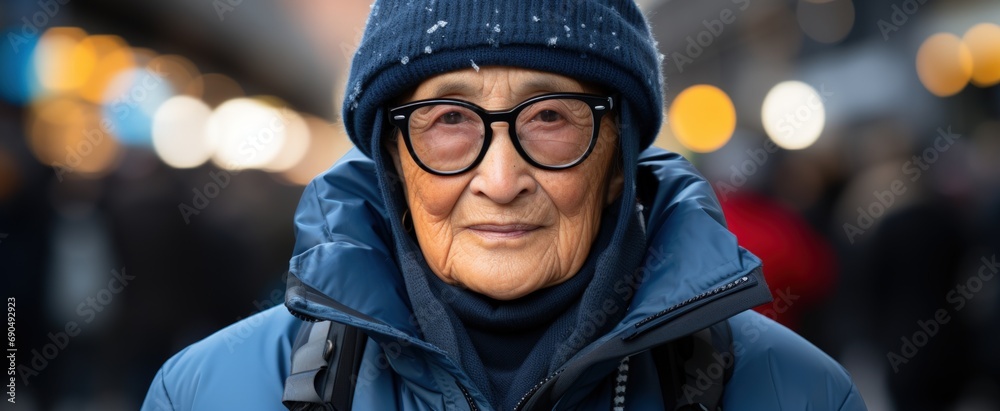 Smiling Elderly Woman in Blue Hat and Glasses Close-Up Smiling Elderly Woman in Blue Hat and Glasses Close-Up