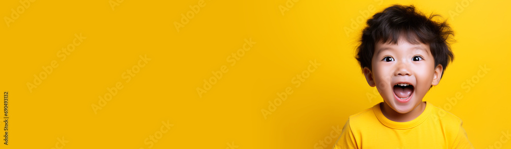 Positive kid childhood lifestyle concept. Empty space place for text, copy paste. Asian babby toddler smile young kid in casual hoodie on isolated yellow background studio portrait. Horizontal banner
