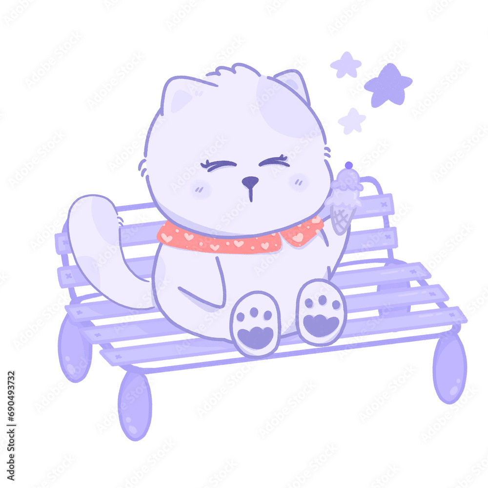 Fototapeta premium Cute cat eating ice cream sitting in a wood chair PNG