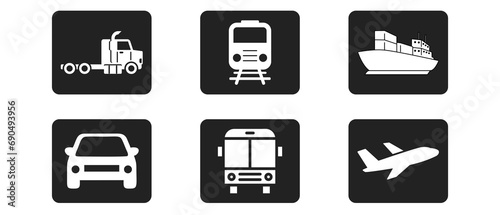 Set of 6 transportation icons including trucks, trains, cargo ships, cars, buses and airplanes. Vector illustration