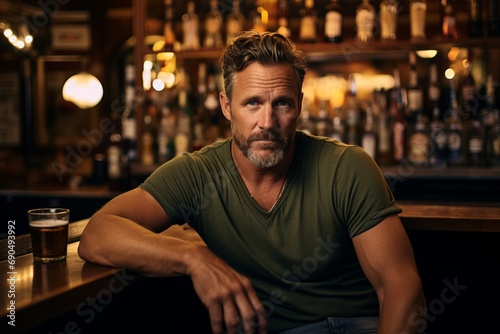 Portrait of a handsome mature man sitting at the bar counter.
