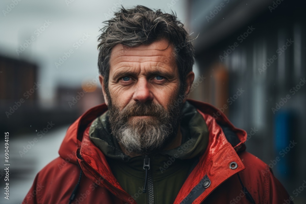 Portrait of a bearded man in a red jacket on the street. Portrait of a bearded man in a red jacket on the street.