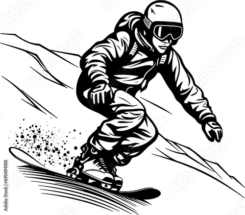 Winter Activity Snowboarder Vintage Outline Icon In Hand-drawn Style