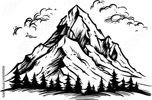 Snowy Mountain Landscape Vintage Outline Icon In Hand-drawn Style