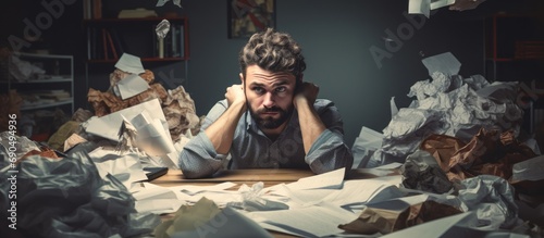 Office worker feeling demotivated and lacking creativity, surrounded by crumpled paper, giving up on unproductive work. photo