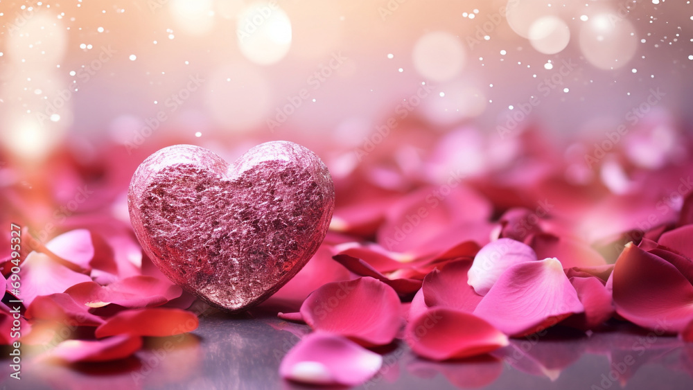 Glitter pink heart shape on red rose petals with bokeh light background