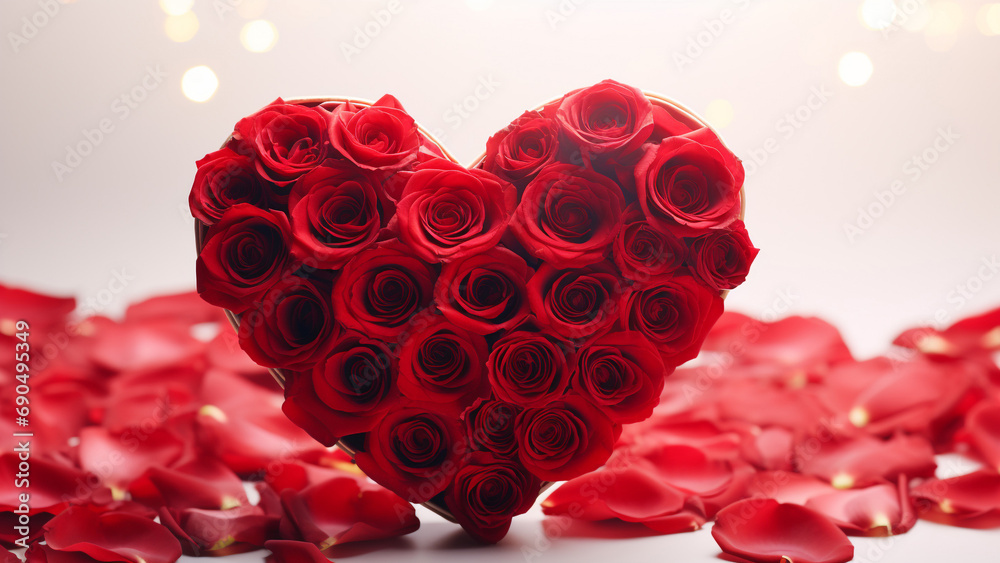 Heart shape made from red roses on petals Heart shape made from red roses on petals