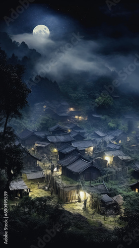 Village at night under the full moon adopts photo realism technology, AI Generated