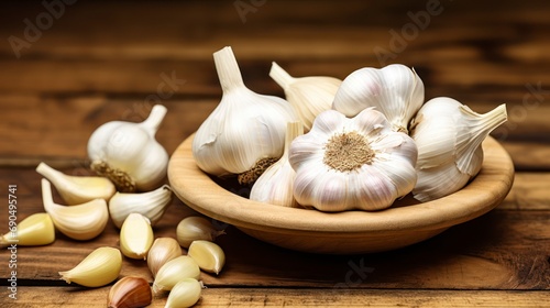 Garlic on kitchen table. Healthy ingredients for food. Garlic when preparing food. Generative AI
