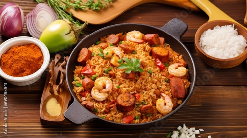 Rustic Revelry - A Hearty Serving of Jambalaya, Infused with Chicken, Sausage, Shrimp, and Bold Spices. Generative AI