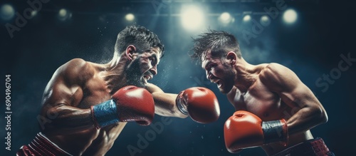Strong athlete throwing punches at rival in boxing match. Two young fighters competing in the ring. © 2rogan
