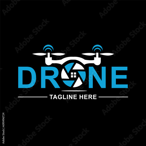 Drone logo design vector template, colourful lens camera air drone camera videography blue and white