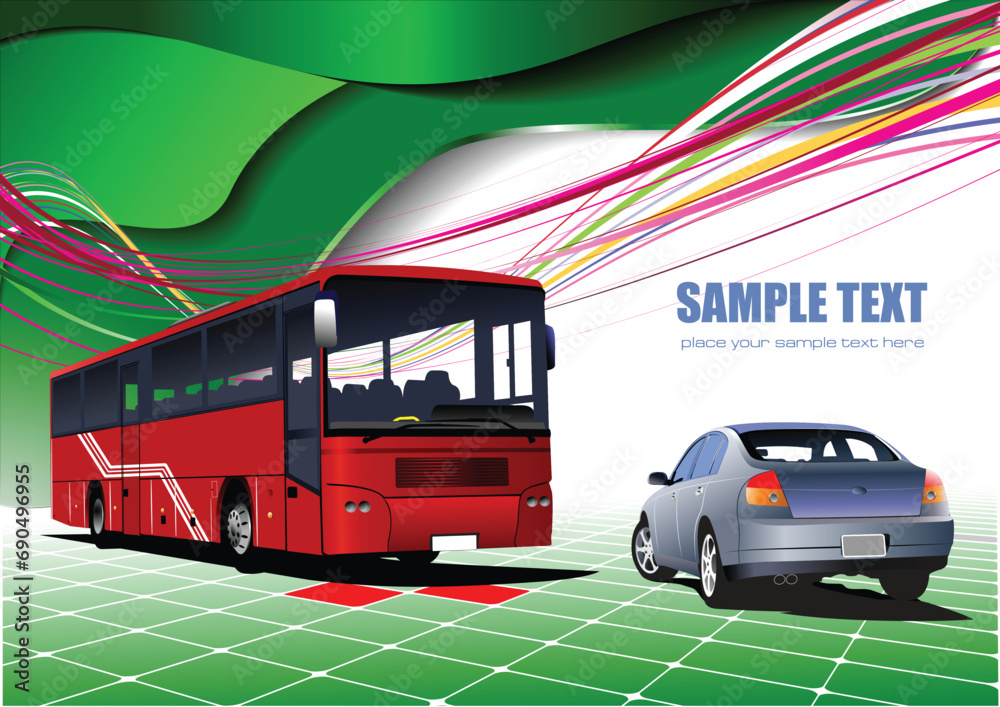 Abstract green background with bus and car images. Vector illustration