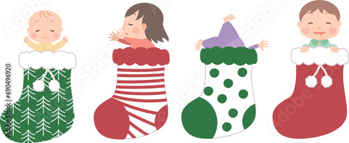 イラスト素材: ほっこりかわいいクリスマス　寝るこども　靴下