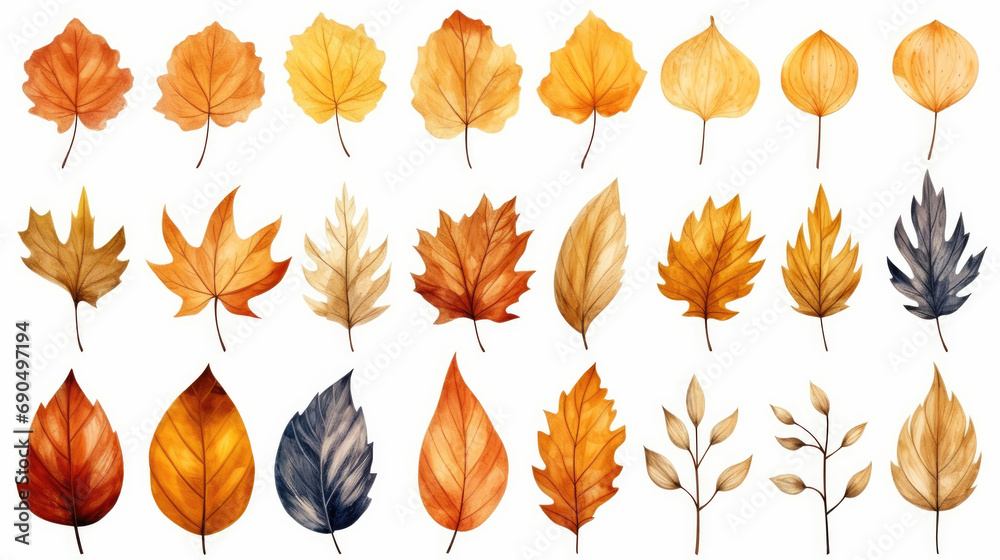 Obraz premium A minimalist variety of fallen leaves from various trees in ocher tones on a white background, forming a pattern, wallpaper, frame, banner, texture, design. Ai generated