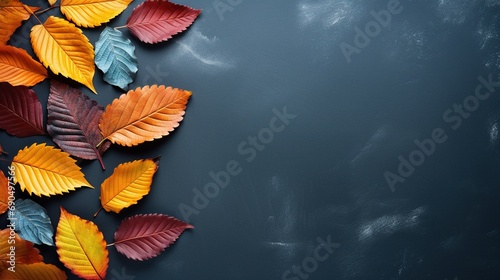 Vibrant autumn leaves arranged artistically on a sleek blue slate, capturing the essence of fall from a top view. Copy space thoughtfully incorporated