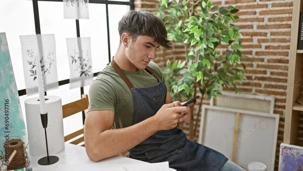 Confident young hispanic teenager, a rising artist, smiling as he engages online art lessons on his smartphone at the vibrant art studio Confident young hispanic teenager, a rising artist, smiling as he engages online art lessons on his smartphone at the vibrant art studio