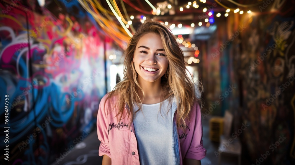 A smiling woman surrounded by vibrant graffiti art, creating an edgy and urban-inspired background for a unique wallpaper