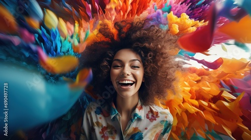 A smiling woman surrounded by a vibrant explosion of abstract colorful shapes, creating a lively and dynamic wallpaper