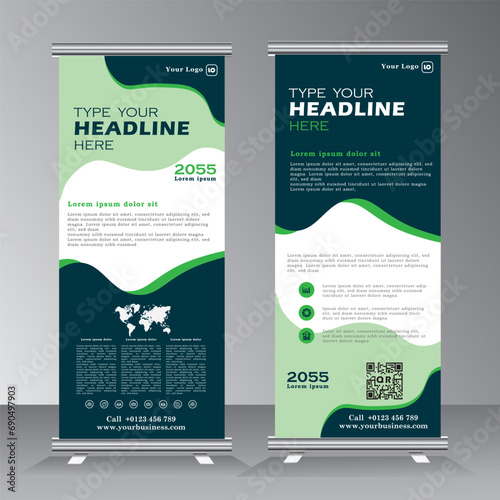 roll up banner design template with image space, vertical banner design with green color, polygon standee, x banner, welcome pull up, vector eps 10