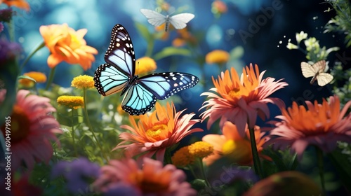 A butterfly garden with an assortment of nectar-rich flowers, a flutter of wings in soft focus.
