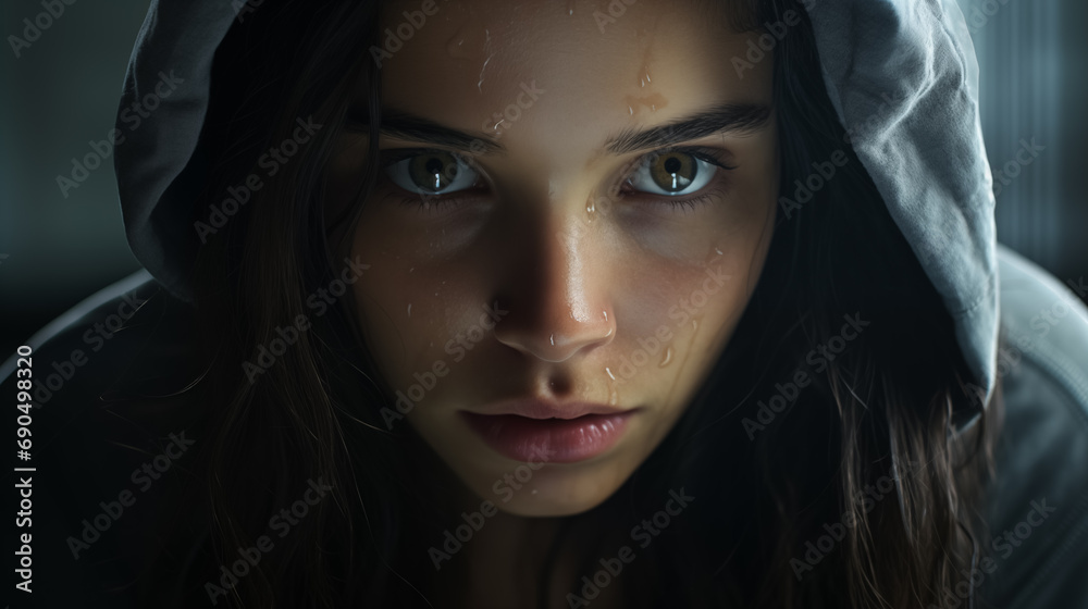 Young woman with intense eyes, hooded, tear-streaked face, evocative. Young woman with intense eyes, hooded, tear-streaked face, evocative.